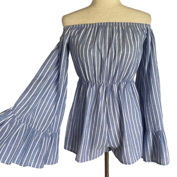 Missguided Pants - MISSGUIDED NWT Striped Off Shoulder Dramatic Bell Sleeve Romper Size 4 Playsuit